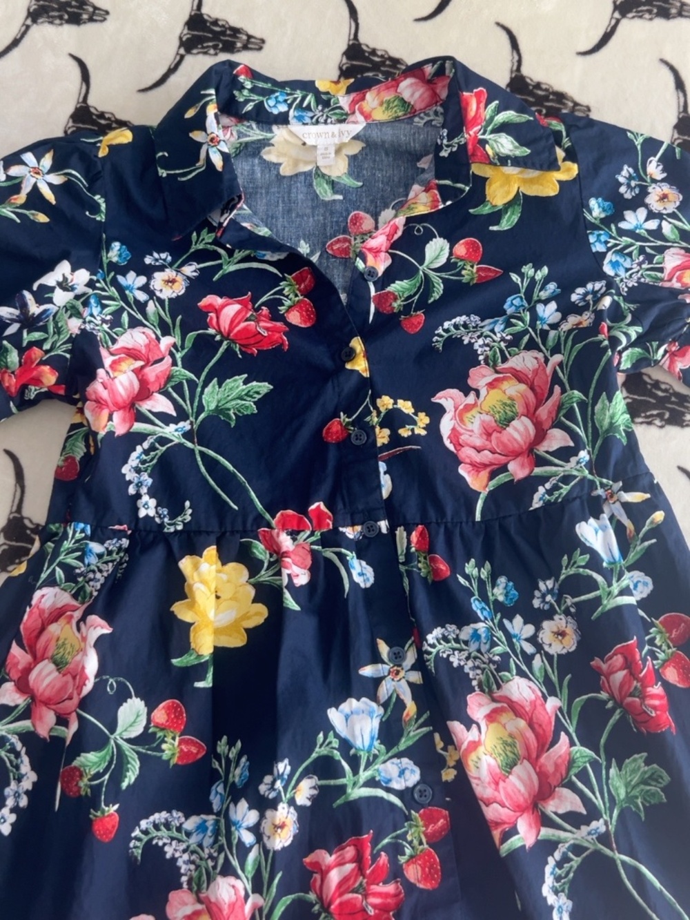 Crown & Ivy Strawberry Floral Navy Tiered Shirt Dress Size S - Picture 3 of 9